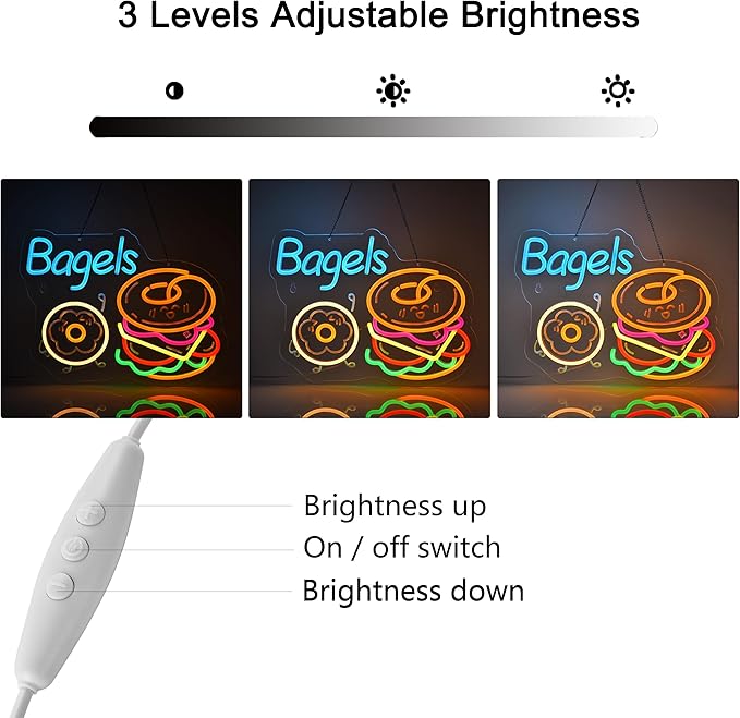 Bagels Neon Sign, Neon Lights Hanging Wall Art Decoration for Store Retail Shop Market Mall Grocery Bakeries Café Celebration Home Decor, USB Powered Ultra Bright Dimmable, 15.75*12.2 inches
