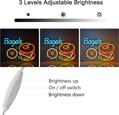 Bagels Neon Sign, Neon Lights Hanging Wall Art Decoration for Store Retail Shop Market Mall Grocery Bakeries Café Celebration Home Decor, USB Powered Ultra Bright Dimmable, 15.75*12.2 inches