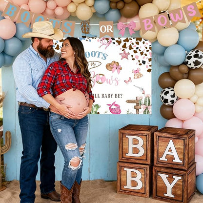 Boots or Bows Gender Reveal Decorations - 130Pcs Boy or Girl What Will Baby Be Gender Reveal Party Supplies Include Backdrop Balloon Garland Tablecloth Boots or Bows Banner Cake Cakecup Topper