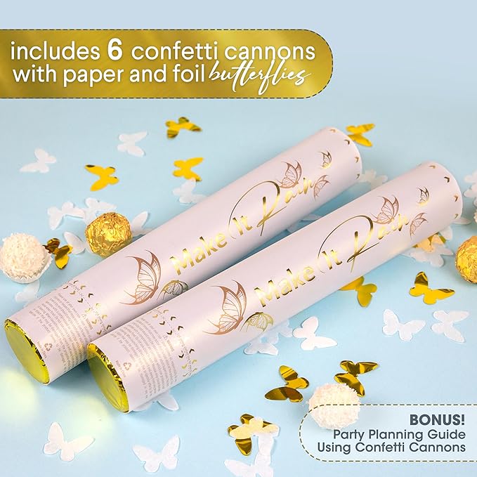 PrimePure Confetti Cannon Party Poppers - Butterfly White Confetti Poppers - 6 Pack - White Paper & Gold Butterfly Pop Gun for Wedding Send Off, Bridal Shower, New Years Eve 2026, Birthday, Parties