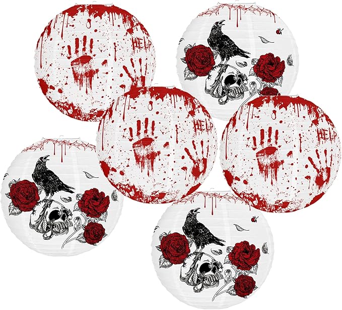 6PCS Hanging Halloween Party Decorations with Lantern, Crow, Skull, Blood Print Pattern, Indoor and Outdoor Horror Home Decoration -12 inches