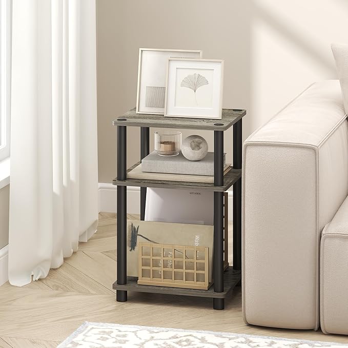 Furinno Turn-N-Tube Side Table, 3-Tier End Table with Open Shelf, Toolless Assembly Night Stand, Bedside Table, for Living Room, Bedroom, Grey Oak