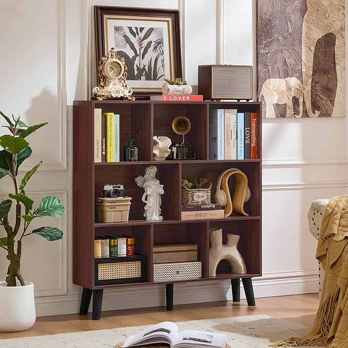 LEYAOYAO 8 Cube Bookshelf 3-Tier Bookcase with Legs, Mint-Walnut Kids Book Shelf Cute Storage Organizer, Large Open Toy Shelves Modern Bookshelves,Display Bookcases for Bedroom,Living Room,Nursery