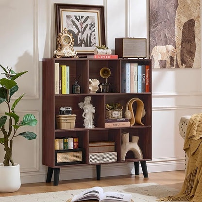 LEYAOYAO 8 Cube Bookshelf 3-Tier Bookcase with Legs, Mint-Walnut Kids Book Shelf Cute Storage Organizer, Large Open Toy Shelves Modern Bookshelves,Display Bookcases for Bedroom,Living Room,Nursery