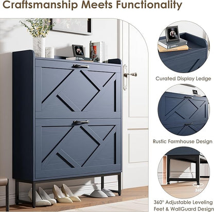 Nicetree Shoe Storage Cabinet, Shoe Cabinet with 2 Flip Drawers, Narrow Shoe Rack Cabinet, Farmhouse Slim Shoe Cabinet Storage for Entryway,Blue