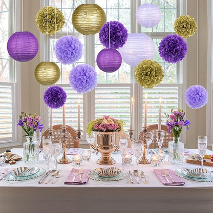 KAXIXI Hanging Party pom pom Set, 15pcs Purple Gold Paper Flowers Pom Poms Balls and Paper Lanterns for Wedding Birthday Bridal Baby Shower Graduation, LanternPomPom010
