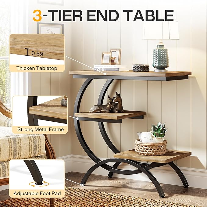 Tribesigns C-Shaped End Table Set of 2, Industrial 3-Tier Small Side Table for Couch, Wood Bedside Table Snack Side Table with Storage Shelves for Living Room Small Space, Light Brown