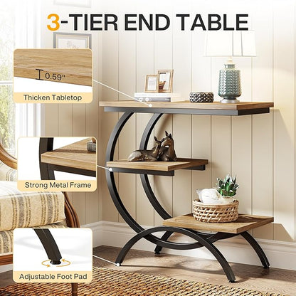 Tribesigns C-Shaped End Table, Industrial 3-Tier Small Side Table for Couch, Wood Bedside Table Snack Side Table with Storage Shelves for Living Room Small Space, Light Brown