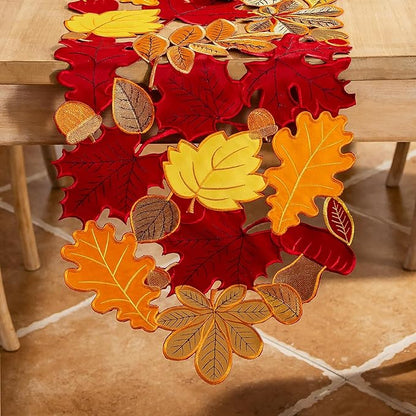 Joyfol Day Fall Leaves Table Runner 14 x 69 inch, Thanksgiving Harvest Rust Maple Leaves Table Runners, Embroidered Autumn Dresser Scarf for Harvest Party Dinner Seasonal Decoration