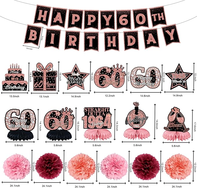 22pcs-60th birthday decorations, 1965 Banner Party Supplies, 60th Birthday Decorations for Women, Rose Gold 60 Year Old Birthday Backdrop,Vintage 60Birthday Honeycomb+Hanging Swirl+Paper Poms+Pump