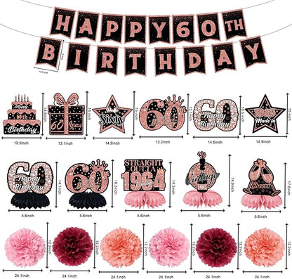 22pcs-60th birthday decorations, 1965 Banner Party Supplies, 60th Birthday Decorations for Women, Rose Gold 60 Year Old Birthday Backdrop,Vintage 60Birthday Honeycomb+Hanging Swirl+Paper Poms+Pump