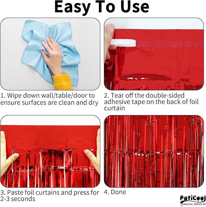 Thicken Red Streamers 4 Pack 3.2 x 8.2 FT, Red Tinsel Backdrop Curtains, Foil Fringe Backdrop for Birthday, Casino, Carnival, Christmas, Cherry, Hollywood Red Carpet Party Decorations