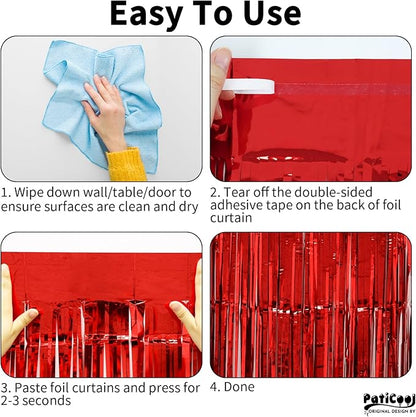 Thicken Red Streamers 4 Pack 3.2 x 8.2 FT, Red Tinsel Backdrop Curtains, Foil Fringe Backdrop for Birthday, Casino, Carnival, Christmas, Cherry, Hollywood Red Carpet Party Decorations