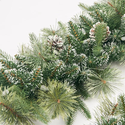 9Ft Pre-Lit Christmas Garland, Plug in, Green, 50 White Lights, Fireplace Stairs Mantle Door Indoor Outdoor, Decorated Pine Cone and Snow Style