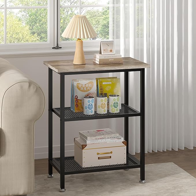 VECELO Tall End Side Tables, 30" Height Nightstand with 3-Tier Storage Shelf for Bedroom Living Room, Easy Assembly,Industrial Style, Grey