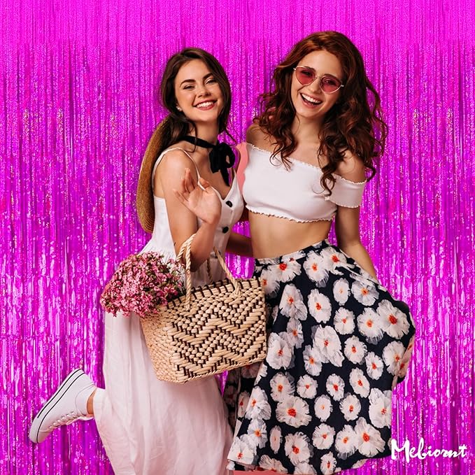 4 Pack 3.2Ft x 8.2Ft Fuchsia Fringe Curtain Backdrop, Sparkle Metallic Tinsel Foil Fringe Streamers Background for Photo Booth Birthday Wedding Baby Shower Halloween Christmas Party Decorations