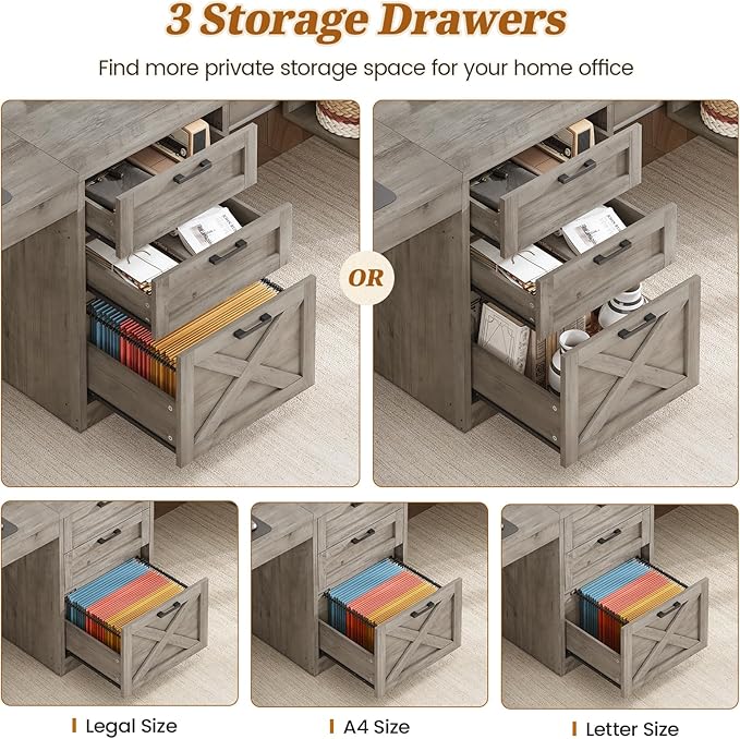 SEDETA Farmhouse 96.5" Computer Desk with Drawers, 2 Person Home Office Desk, Gaming Double Desk with Storage Shelves, Long Two Person Writing Desk (Grey)