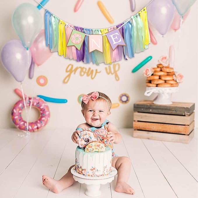 Donut High Chair Banner 1st Birthday - Donut Grow Up Highchair Banner, Sweet One Birthday Party Decorations for Cake Smash, Photo Prop...