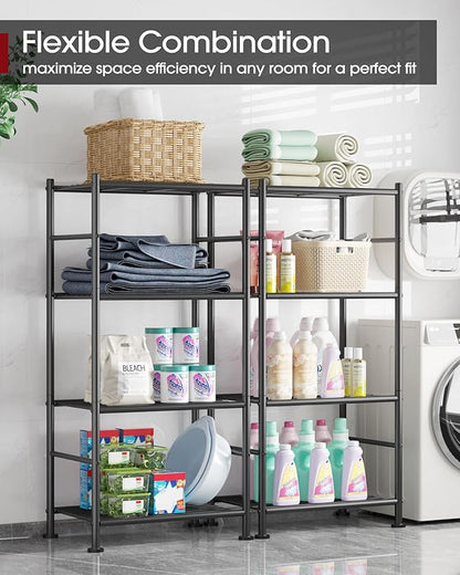 Storage Shelves - 4 Tier Shelf Organizer, Sturdy Metal Garage Shelving with Adjustable Leveling Feet, Space-Saving Shelves Organizer for Pantry, Laundry, Kitchen (18" x 12" x 44", Black)