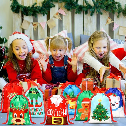 Xuniea 24 Pcs Christmas Party Favors Bags for Kids Drawstring Backpack Santa Claus Goodies Snack Treat Gift Bags Presents Wrapping for Xmas Winter Holiday Birthday Party (5.1 x 7.1 Inch)