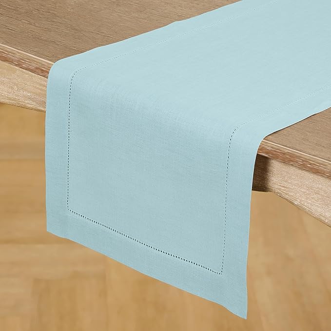 Solino Home Linen Aqua Blue Table Runner 90 Inches Long - 100% Pure Linen Hemstitch 14 x 90 Inch Table Runner for Dining, New Year - Classic Hemstitch