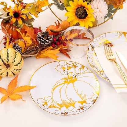 Liacere 175PCS Thanksgiving Plates- Gold Pumpkin Plastic Plates-Thanksgiving Plastic Plates and Napkins Sets Include 50 Plastic Plates,75 Thanksgiving Dinnerware，25 Gold Cups 25 Napkin