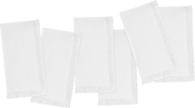 Blue Needles Handmade Cotton Linen Cloth Napkins with Fringes - Set of 6 Ivory Dinner Table Napkins 18x18 Inch Hemmed Edges Washable, Soft, Reusable, Perfect for Fall Thanksgiving & Family Dinner