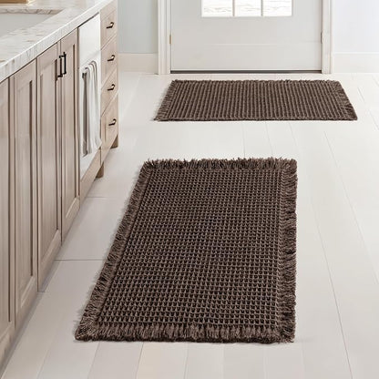 MIULEE Set of 2 Waffle Bathroom Rugs, Boho Bath Rugs Non Slip Washable, Super Absorbent Bath Mats, Ultra Soft Rubber Backed Shower Mats for Bathroom Floor, Tub and Shower, Chocolate, 17x24 Inch