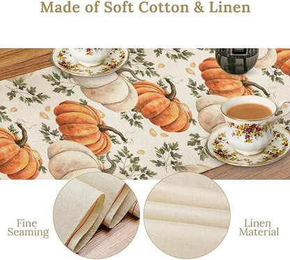 Fall Pumpkin Table Runner White Orange Vegetables Seeds Parsley Watercolor Hand-Painted Illustration Home Decor for Farmhouse Indoor Outdoor Party Holiday Dining Kitchen Restaurant Cafe W13xL60in