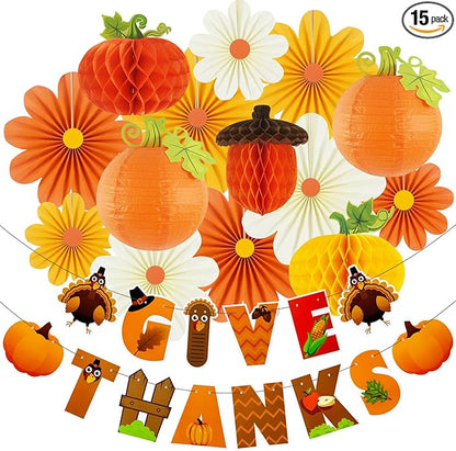 Thanksgiving Party Decorations Give Thanks Banner Paper Lanterns Honeycomb Pumpkins Fall Acorn Paper Fans for Fall Friendsgiving Turkey Thanksgiving Decor Indoor Outdoor