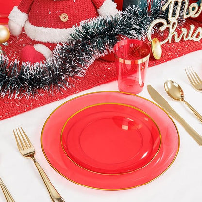 LIYH 180 Pcs Clear Red Plastic Plates Disposable - Red Dinnerware Set, Include Red and Gold Plates, Dinner Plate, Dessert Plate, Gold Plastic Silverware for Birthday Party