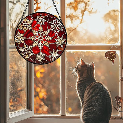 Stained Glass Window Hanging 4 Pcs Set Red Christmas Elk Snowflakes 7.8" - Deer Suncatcher Door Garden Sun Catcher Decor Birthday for Mom Woman Nana Men Friend