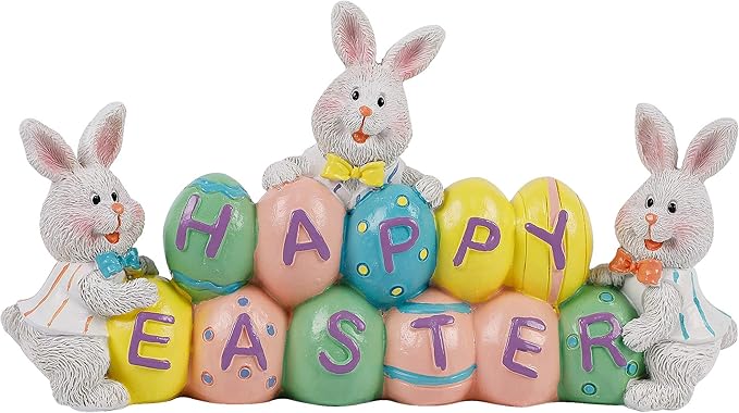 DR.DUDU Easter Decorations Eggs Bunny, Hand-Painted Resin Tabletop Centerpiece, Decor Bunny Figurine for Home Room Table Office Party (Happy Easter)