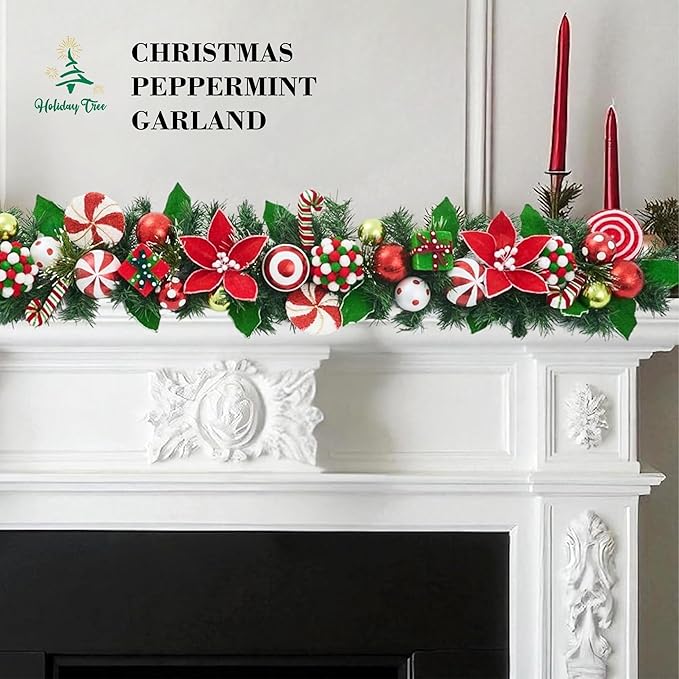 Holiday Tree Christmas Peppermint Garland 60” – Candy Cane Red & White Holiday Decor with Ornaments & Greenery, Handmade Festive Mantel Garland for Staircase, Doorway & Tabletop Decoration
