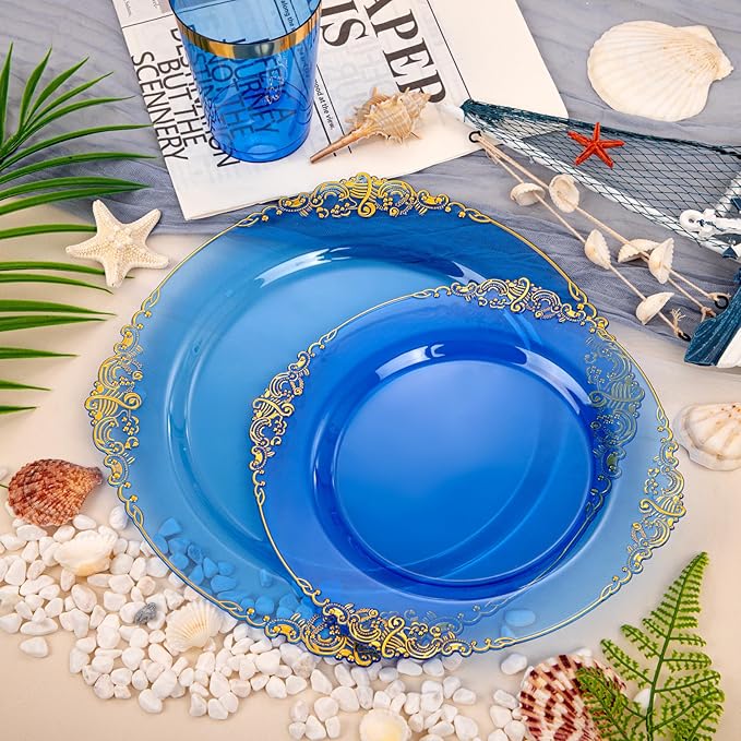 Hioasis 210pcs Blue and Gold Plastic Plates - Elegant Disposable Dinnerware Set Suitable for 30 Guests Include 10.25" Dinner & 7.5" Dessert Plates, Pre Rolled Silverware Set, Cups for Christmas