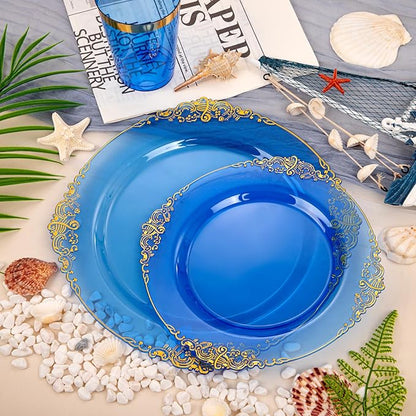 Hioasis 210pcs Blue and Gold Plastic Plates - Elegant Disposable Dinnerware Set Suitable for 30 Guests Include 10.25" Dinner & 7.5" Dessert Plates, Pre Rolled Silverware Set, Cups for Christmas