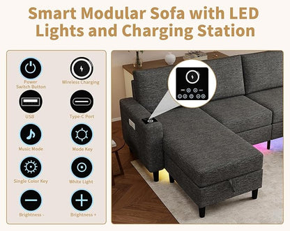 Smart Sectional Couches for Living Room, 6 Seat U/L Shaped Sectional Sofa with RGB Light/Charging, Modern Living Room Furniture for Apartments/Office/More (Dark Grey)