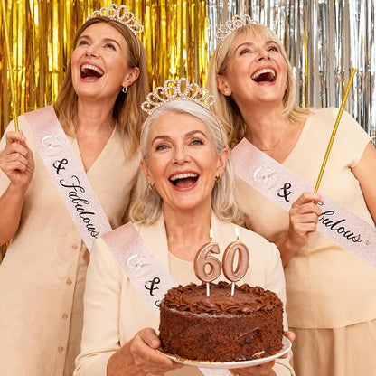 60th Birthday Decoration for Women, Rose Gold 60 & Fabulous Birthday Sash and Rhinestone Headband for Women's 60th Birthday Gifts Crown Tiara Party Decor