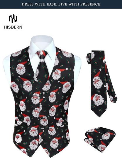 HISDERN Men's Suit Vest Christmas Holiday Season Party Jacquard Waistcoats Necktie Pocket Square Vest Suit Set