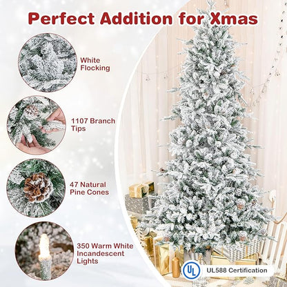 GOFLAME 7.5FT Pre-Lit Christmas Tree Snow Flocked, Hinged Artificial Xmas Tree with 1107 Branch Tips, 47 Natural Pine Cones, 350 Warm White Incandescent Lights, Holiday Decoration Tree for Home Office