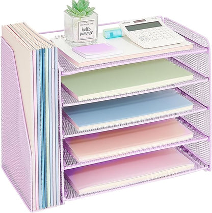 OPNICE 5-Tier Paper Organizer with Magazine Holder, Desk Organizers and Accessories, Office Desk Accessories & Workspace Organizers, Desktop File Organizer for Office Supplies Storage, Purple