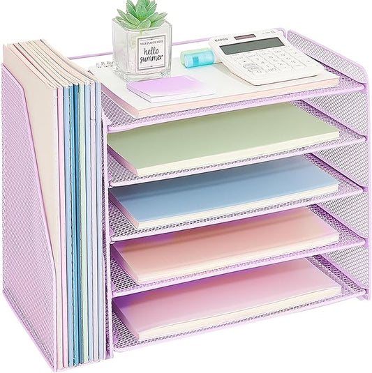 OPNICE 5-Tier Paper Organizer with Magazine Holder, Desk Organizers and Accessories, Office Desk Accessories & Workspace Organizers, Desktop File Organizer for Office Supplies Storage, Purple