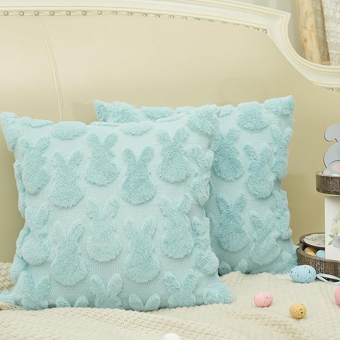 GEEORY Easter Bunny Soft Plush Pillow Covers, 18 x 18 Inch Set of 2, Fluffy Faux Fur Wool Decorative Farmhouse Cushion Case for Sofa Home Decoration Blue GC014-18