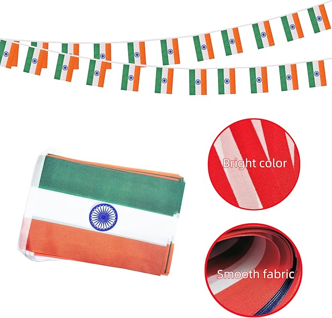 India Small String Flags, 50 Feet 38 Pcs Indian Pennant Banner Bunting Flags, Patriotic Events, Independence Day, Country Festival, Commemoration, Decorations (India)
