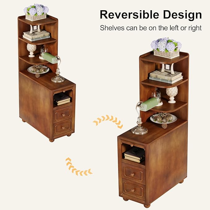 Solid Wood End Table with Drawers and Reversible Corner Shelves, Tall Narrow Side Table with Storage High Slim Chair Solid Side Table, Walnut