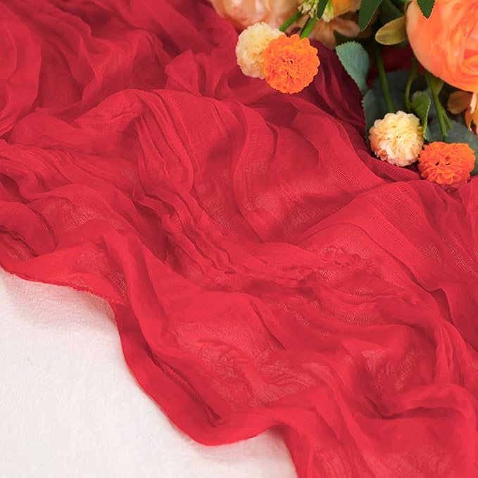 Snowkingdom 10 Ft Red Christmas Cheesecloth Table Runner, 120 inch Long Cheese Cloth Boho Gauze Sheer Runner for Wedding Bridal Baby Shower Birthday Sheer Holiday Table Decorations