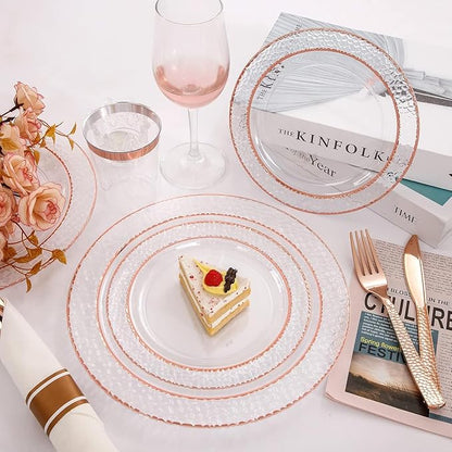 Liacere 350PCS Rose Gold Plastic Plates-Clear Rose Disposable Plates 50 Guests include 50 Dinner Plates,50 Salad Plates,50 Forks,50 Knives,50 Spoons,50 Cups,50 Napkins for Wedding&Party&Mother's Day