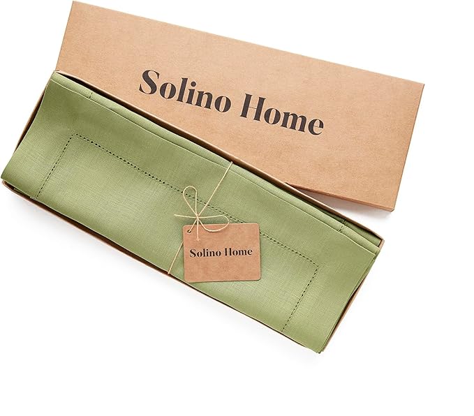 Solino Home Linen Placemats Set of 4 - Classic Hemstitch Moss Green Placemats 14 x 19 Inch - 100% Pure Linen Table Mats for Fall, Autumn, Winter