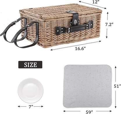 Picnic Basket for 4 Persons with Waterproof Picnic Blanket and Insulated Cooler, Large Wicker Picnic Basket for Camping, Outdoors, Valentine's Day, Christmas, Birthday, Wedding Gift