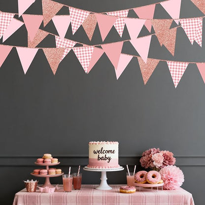 Dusty Rose Pink Buffalo Plaid Rose Gold Party Decorations Pennant Banner Flag Hanging Glitter Paper Triangle Bunting for Women Girls Birthday Baby Shower Wedding Bridal Shower Hen Party Supplies